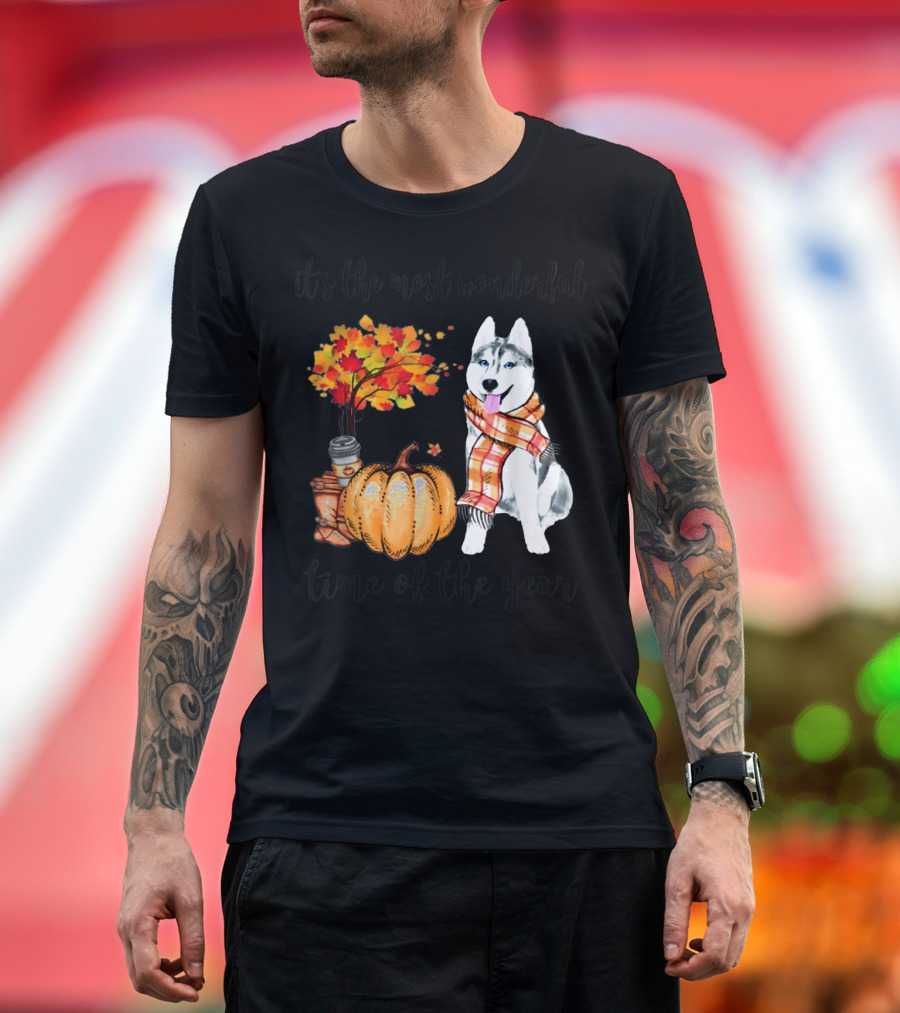 It's the Most Wonderful Time of the Year Husky Pumpkin Autumn Leaves Coffee Scarf T-Shirt