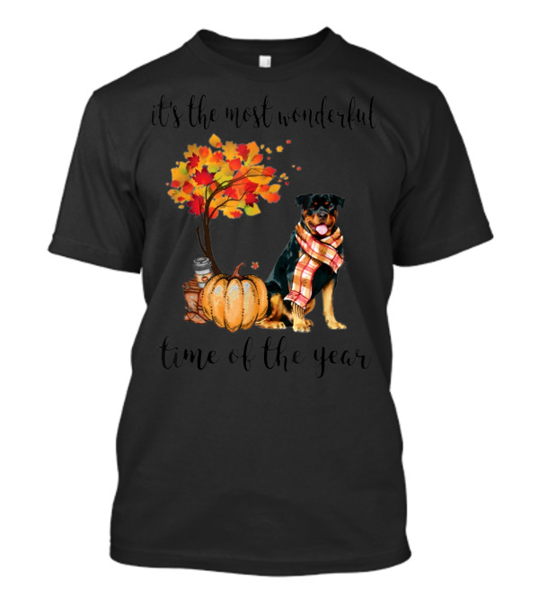 It's The Most Wonderful Time Of The Year Rottweiler Autumn With Leaves And Pumpkin T-Shirt