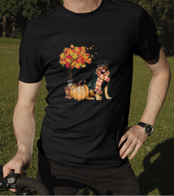It's The Most Wonderful Time Of The Year Rottweiler Autumn With Leaves And Pumpkin T-Shirt
