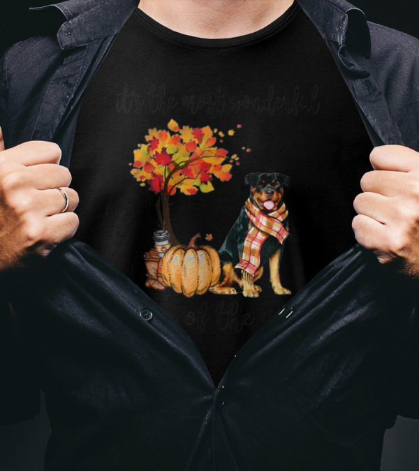 It's The Most Wonderful Time Of The Year Rottweiler Autumn With Leaves And Pumpkin T-Shirt