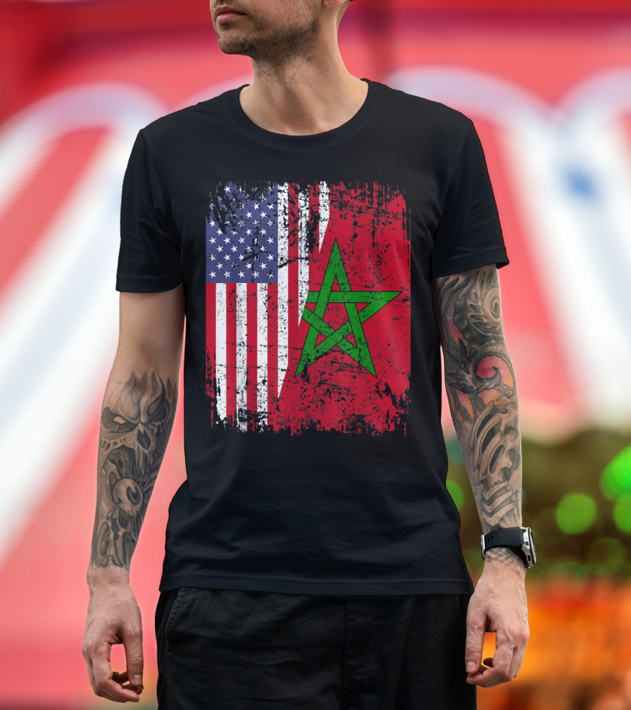 MOROCCAN ROOTS Half American Flag Morocco Flag T-Shirt