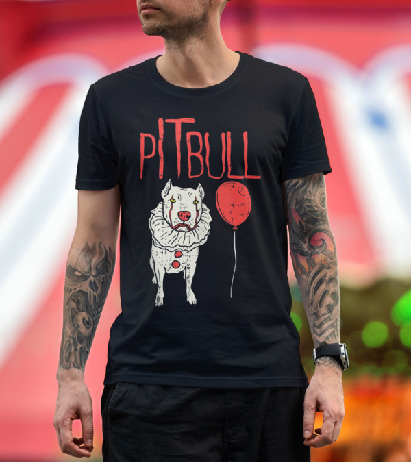 Premium T-Shirt: Pitbull Clown Horror Movie Parody with Red Balloon T-Shirt Pitbull Clown Horror Movie Parody with Red Balloon T-Shirt