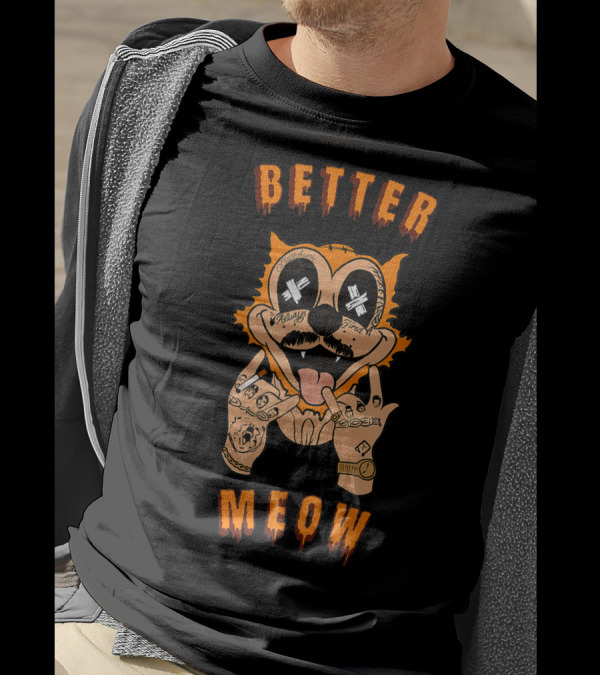 Better Meow Cartoon Cat With Rockstar Tattoos And Funny Pun T-Shirt
