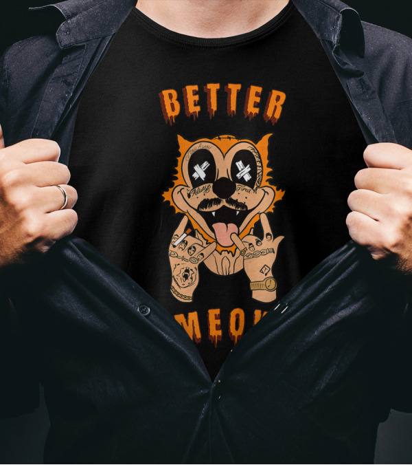 Better Meow Cartoon Cat With Rockstar Tattoos And Funny Pun T-Shirt