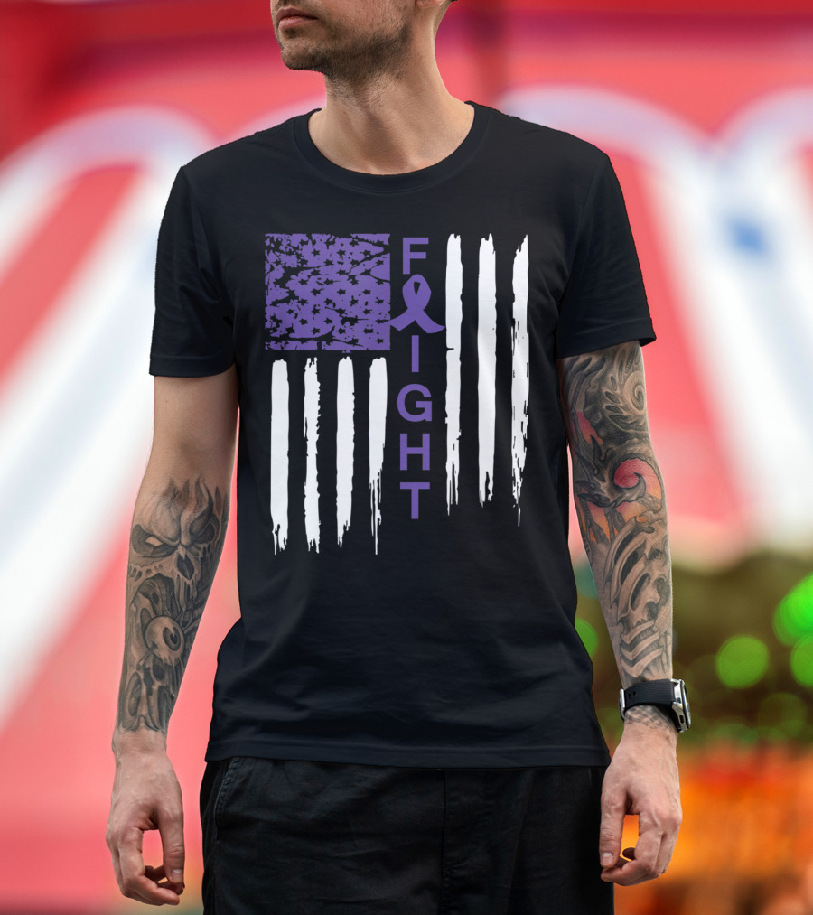Fight Alzheimer's Awareness Support Purple Ribbon American Flag T-Shirt