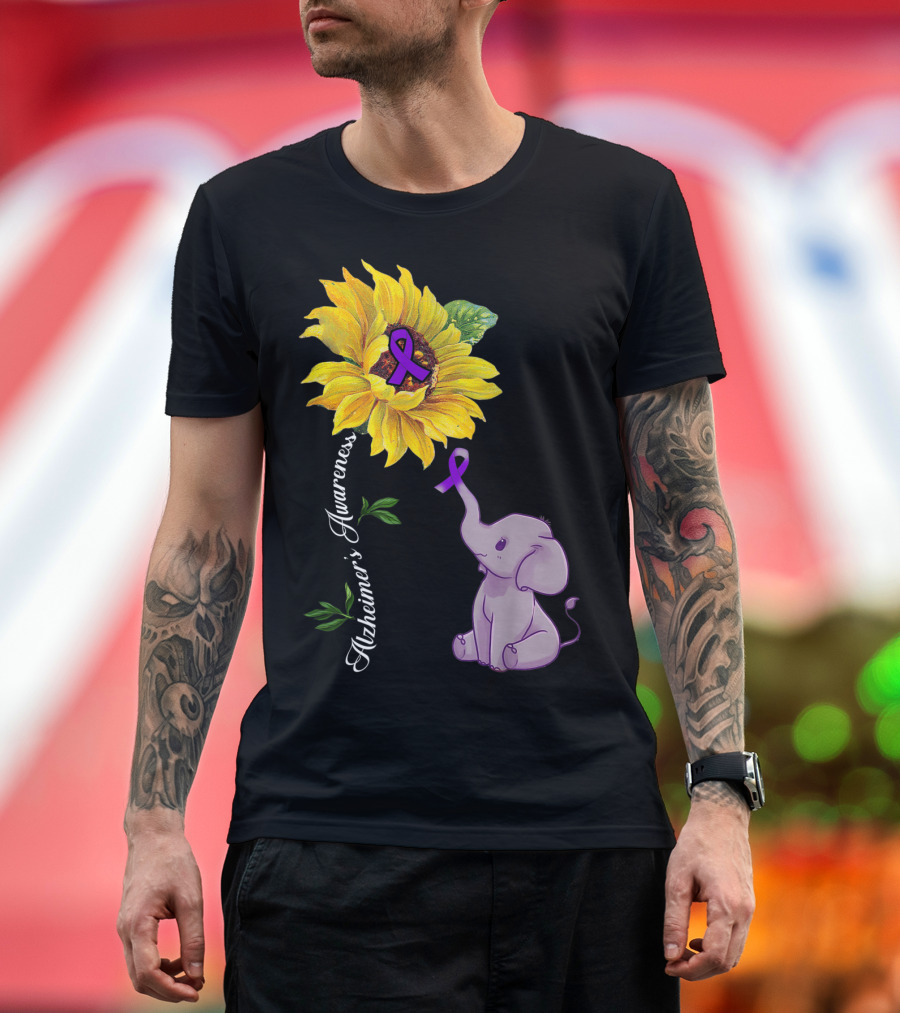 Alzheimer's Awareness Purple Ribbon Sunflower and Elephant T-Shirt