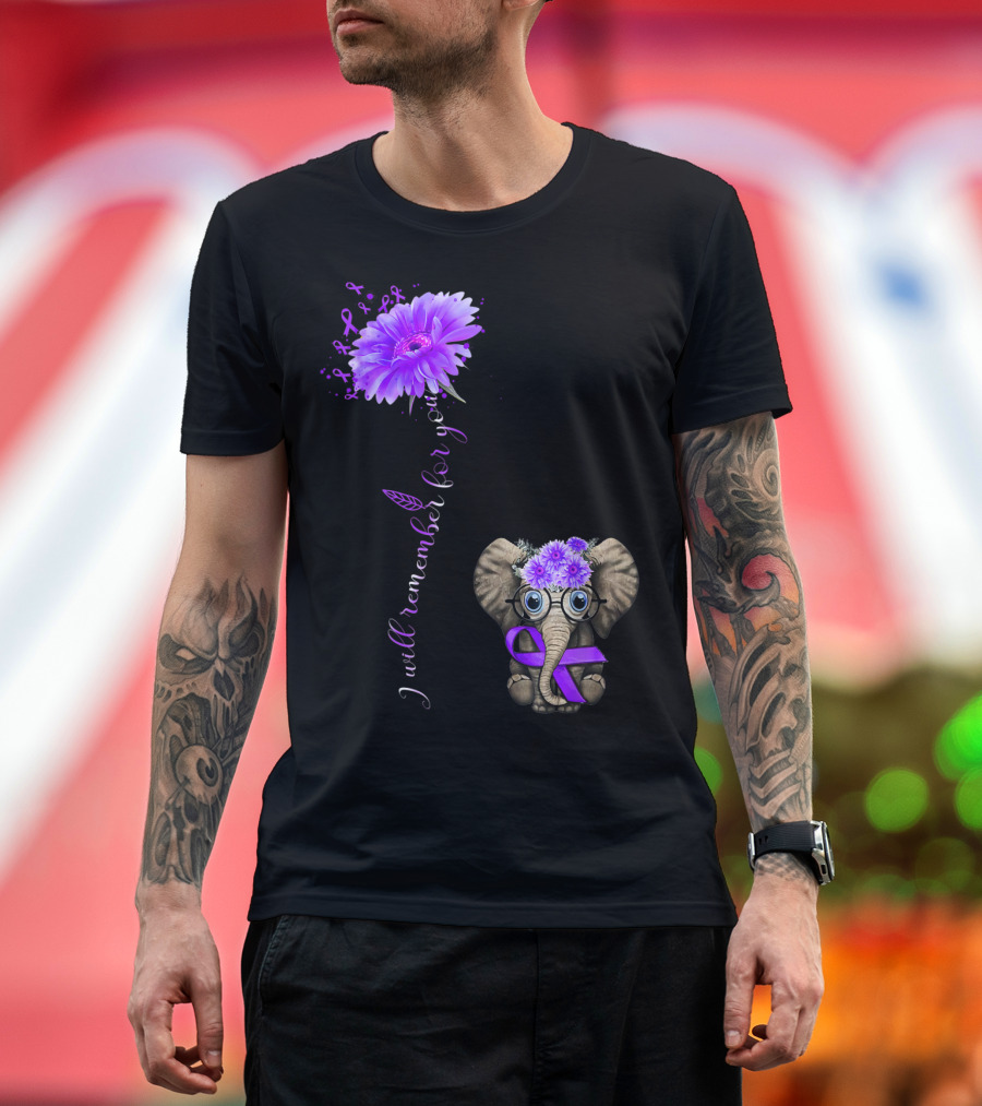 I Will Remember For You Daisy Flower Elephant with Purple Awareness T-Shirt