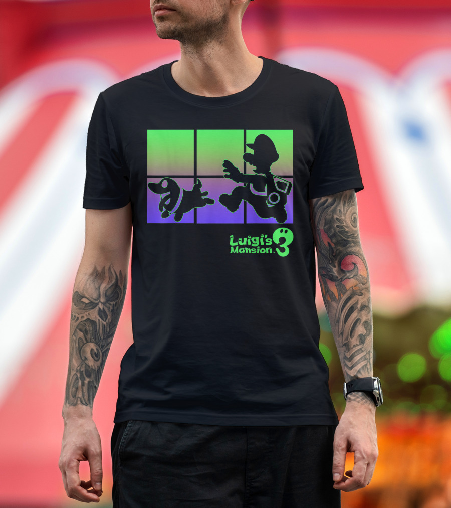 Luigi's Mansion 3 Luigi and Polterpup Silhouette Green and Purple Window T-Shirt