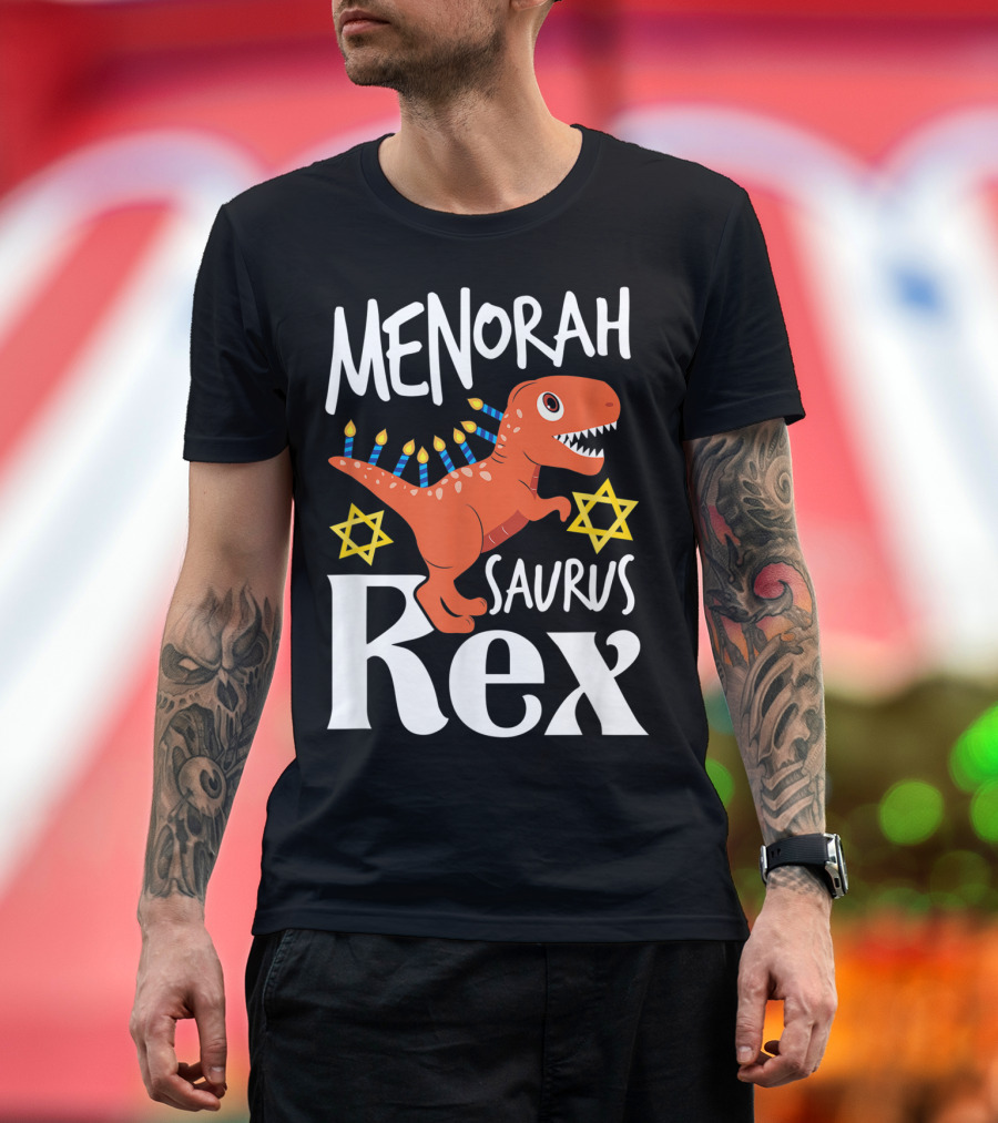 Menorah Saurus Rex Cute Hanukkah Tyrannosaurus with Star of David T-Shirt