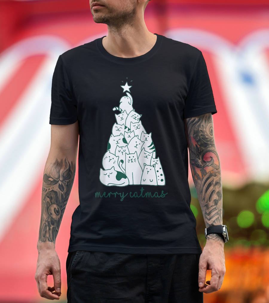 Merry Catmas Cat Christmas Tree with Star-Crowned Cats T-Shirt