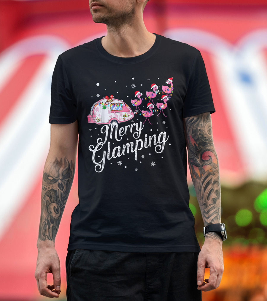 Merry Glamping Christmas Flamingo Camper with Santa Hats and Snowflakes T-Shirt