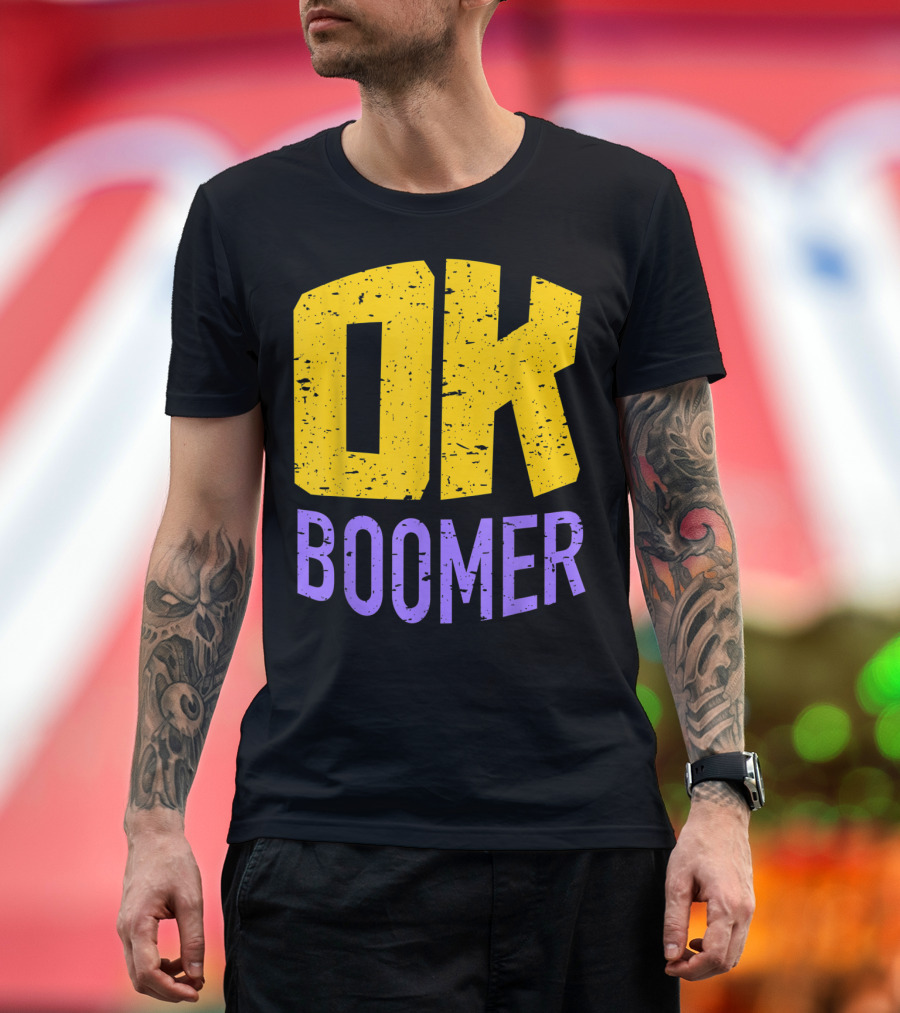 Ok Boomer Huge Text Millennial Generation Bold Yellow Purple Distressed Letters T-Shirt