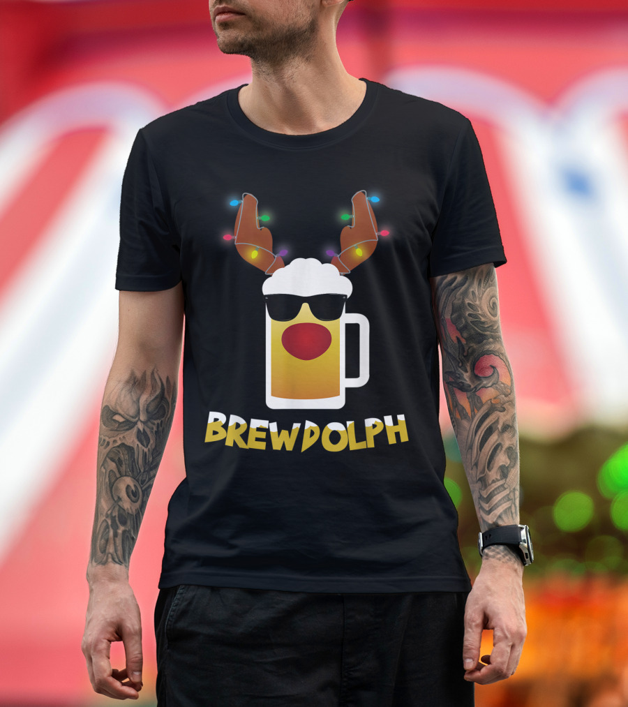 Reindeer Beer Rudolph Brewdolph Christmas Lights Glass T-Shirt