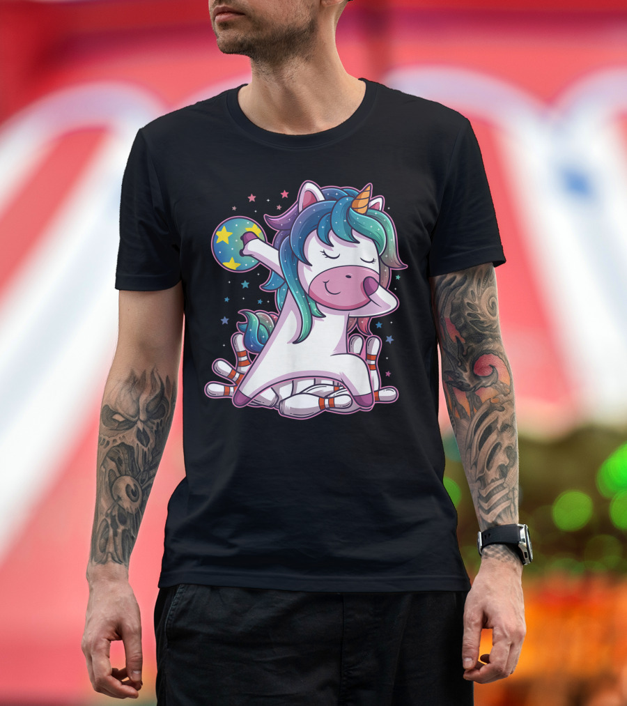 Dabbing Unicorn Bowling Party with Pins and Stars T-Shirt