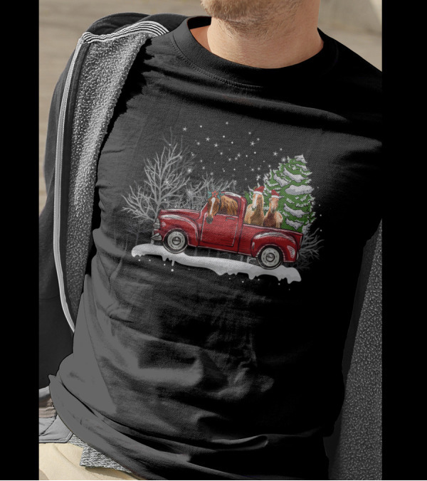 Horse With Noel Hat Xmas Presents Tree Red Truck Winter Scene T-Shirt