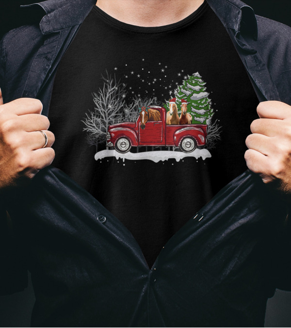 Horse With Noel Hat Xmas Presents Tree Red Truck Winter Scene T-Shirt
