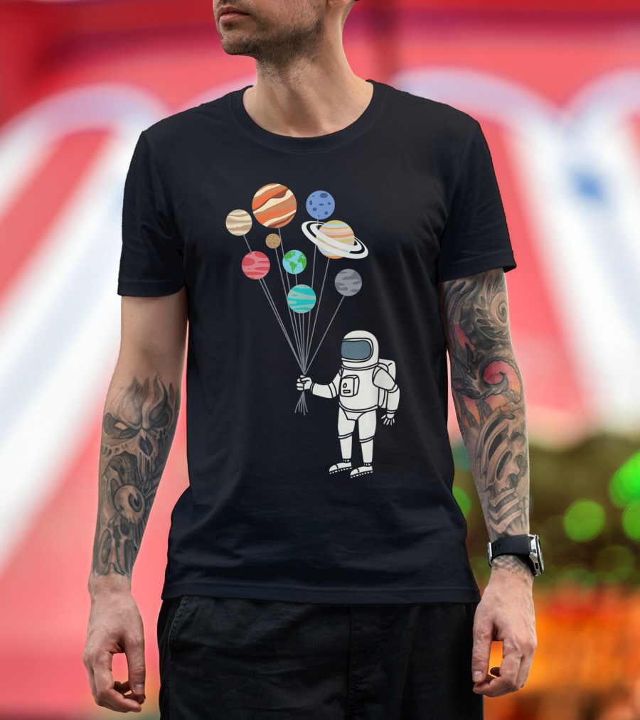 Astronaut Holding Planets Balloons Funny Solar Space T-Shirt