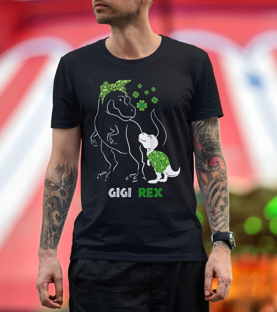 Gigi Rex Irish Shamrock Dinosaur with Green Bow and Floral T-Shirt