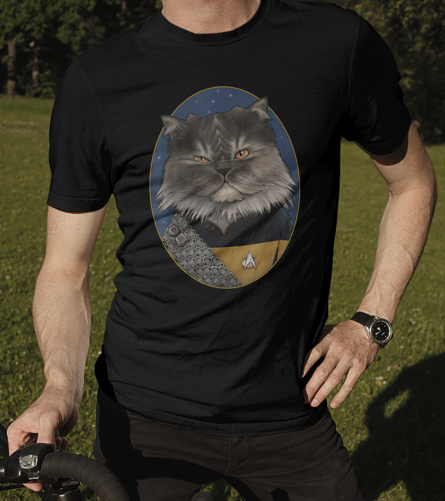 Star Trek Worf Cat In Starfleet Uniform With Klingon Sash And Emblem T-Shirt