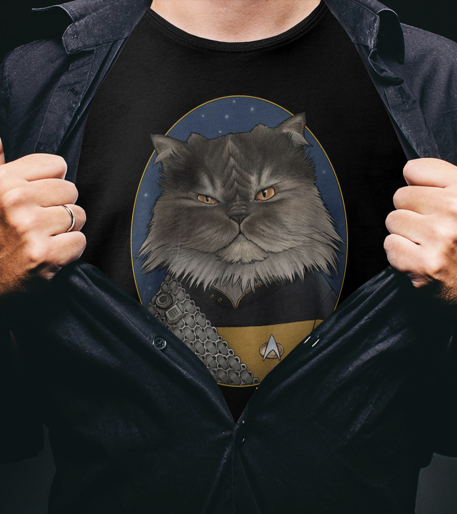 Star Trek Worf Cat In Starfleet Uniform With Klingon Sash And Emblem T-Shirt
