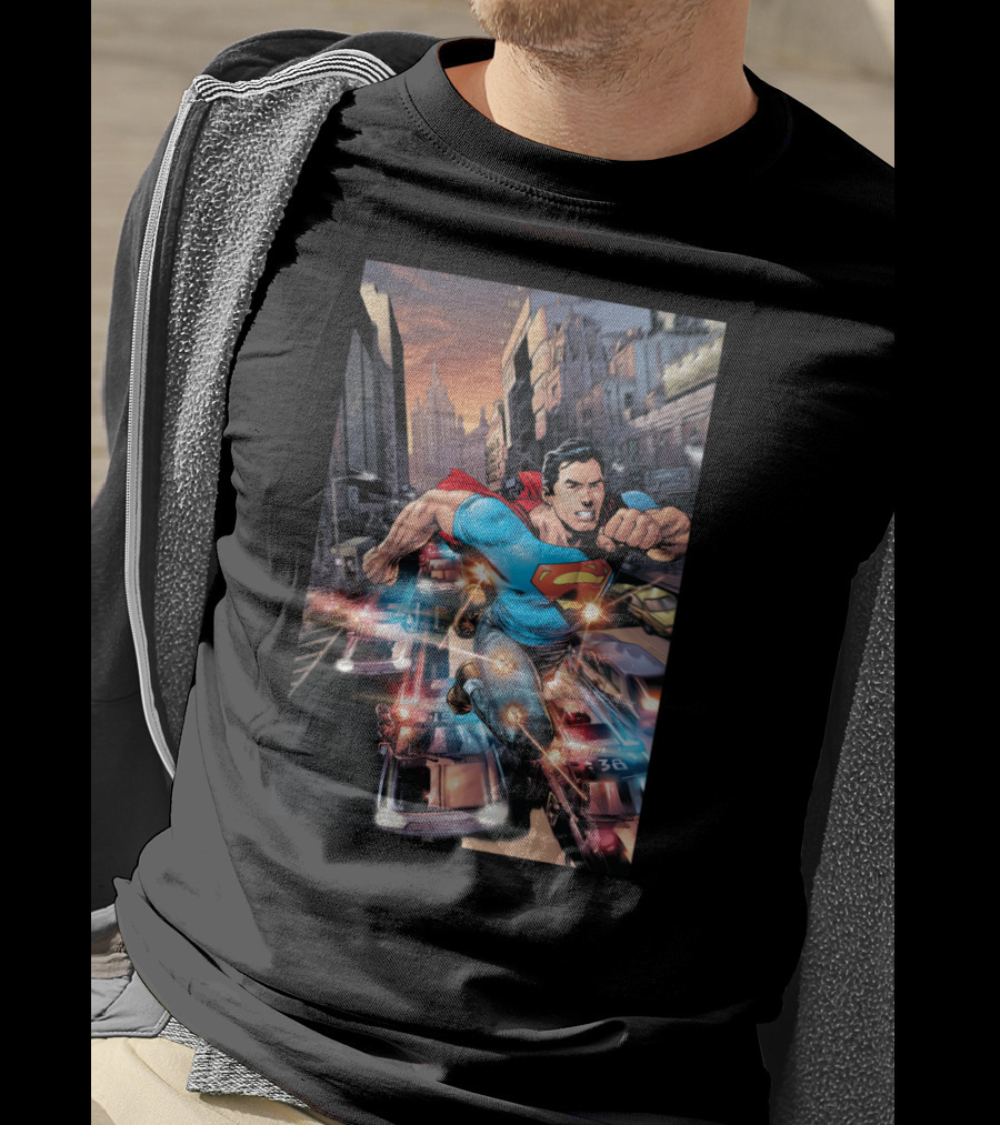 DC Comics Superman Flying Through Urban City With Police Cars T-Shirt