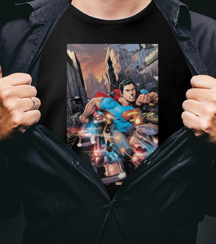 DC Comics Superman Flying Through Urban City With Police Cars T-Shirt