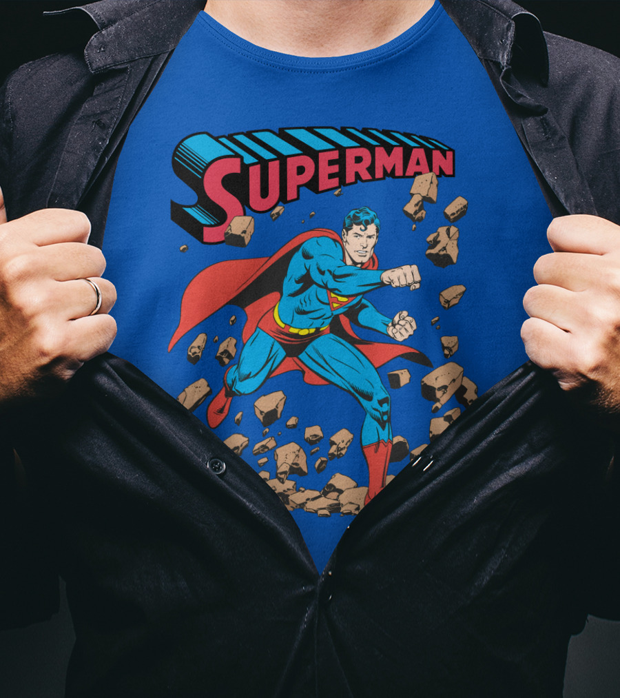 Superman Breaking Rocks In Classic Pose T-Shirt