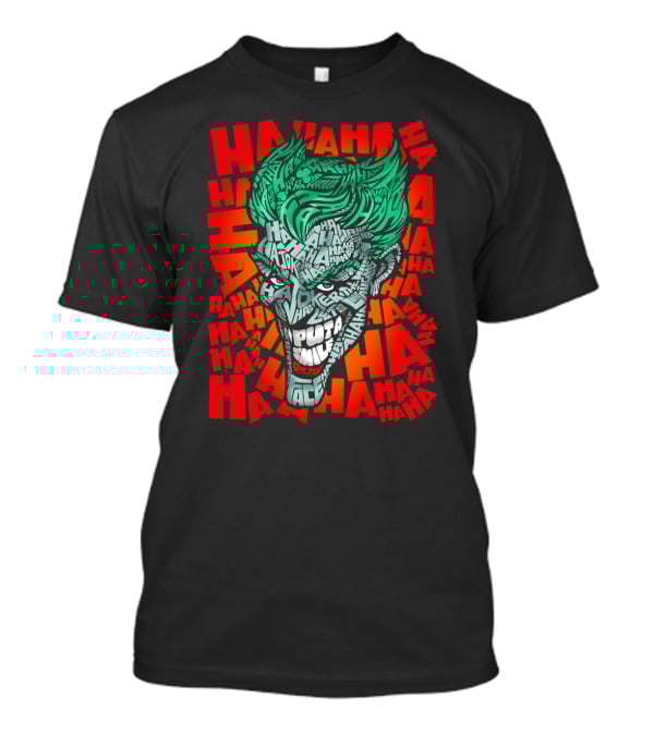 DC Comics Joker Haha Text Fill Green Hair Face Iconic Laugh Background T-Shirt