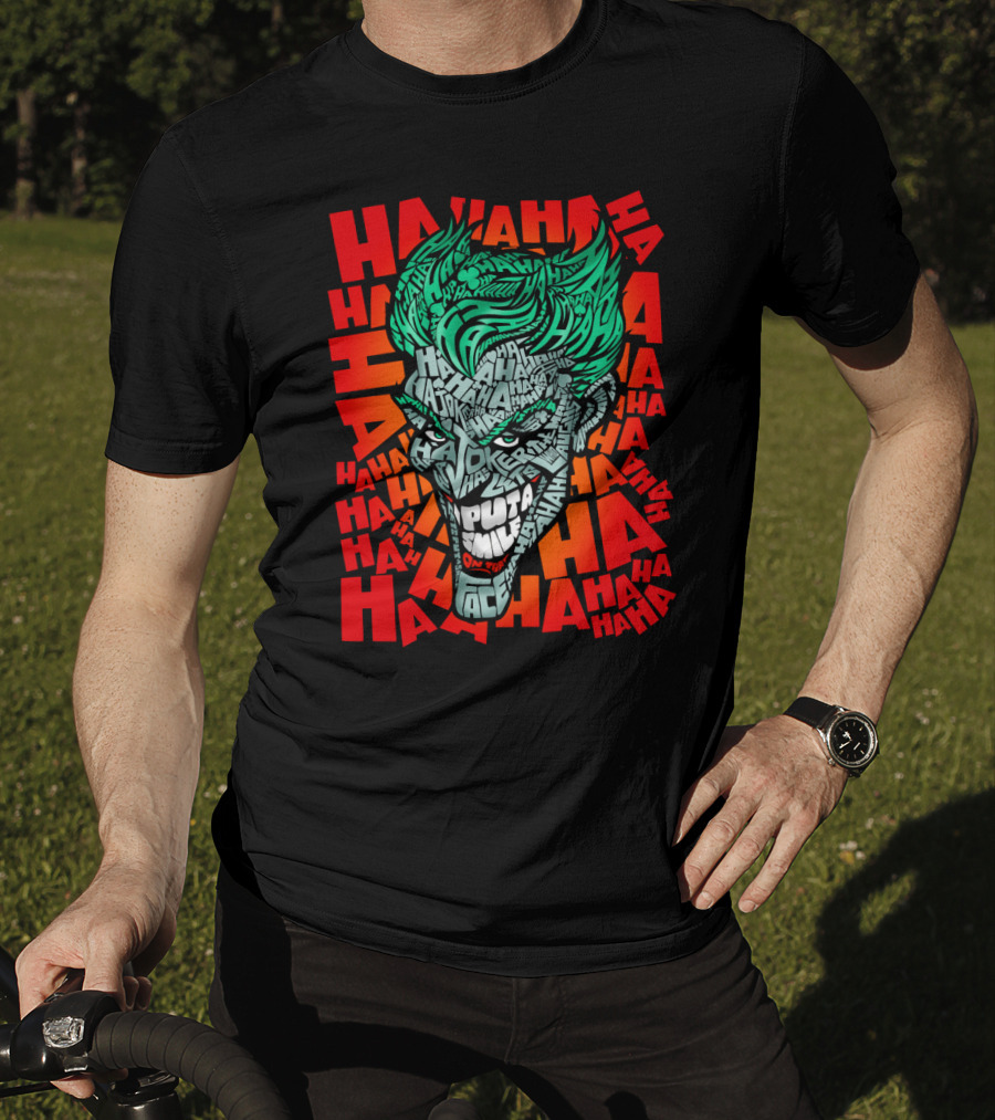 DC Comics Joker Haha Text Fill Green Hair Face Iconic Laugh Background T-Shirt