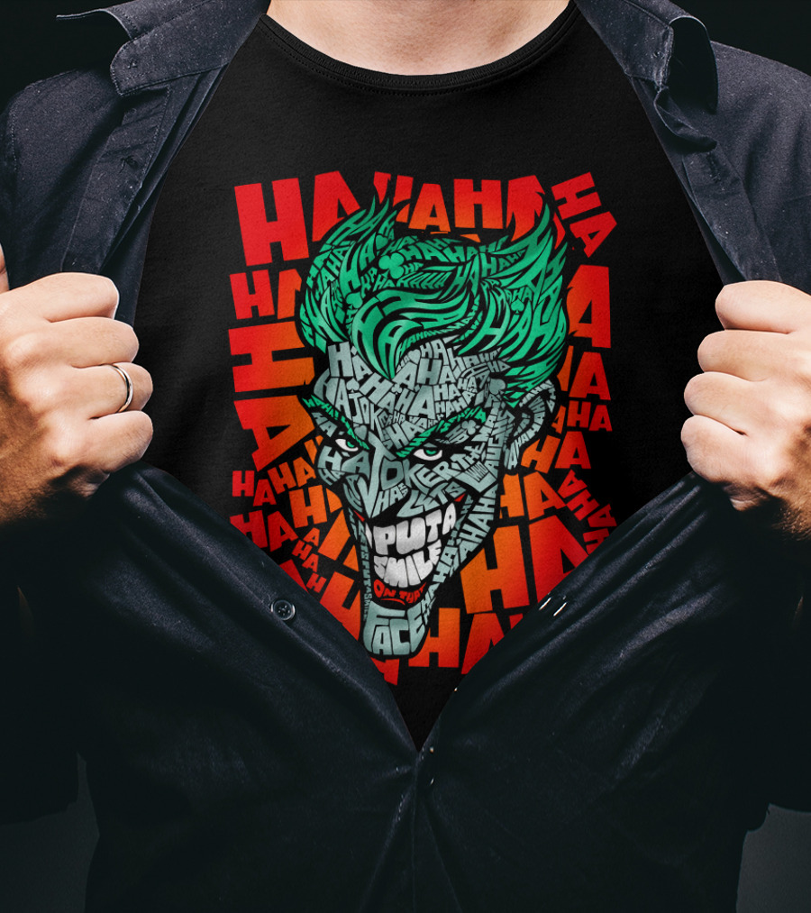 DC Comics Joker Haha Text Fill Green Hair Face Iconic Laugh Background T-Shirt