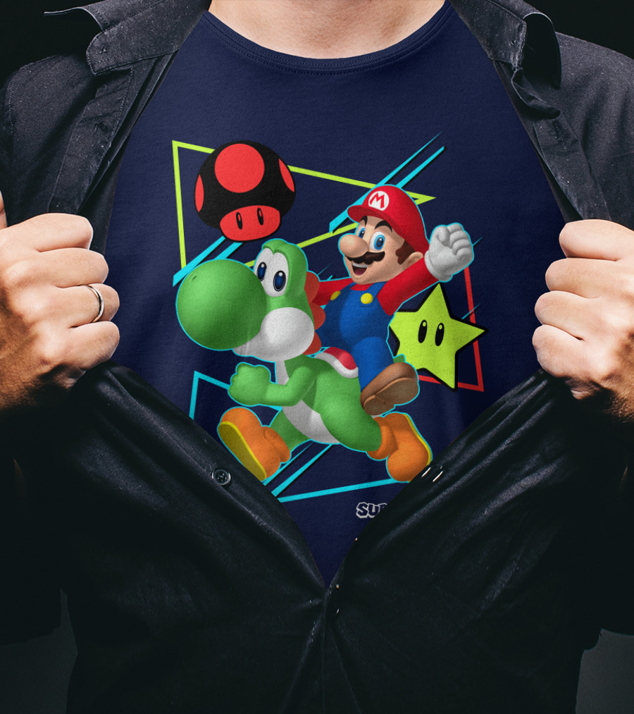 Super Mario Yoshi Adventure With Red Mushroom And Star T-Shirt