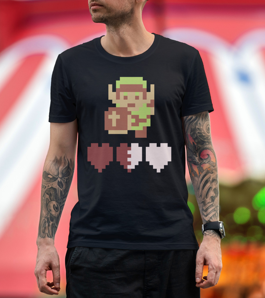 The Legend of Zelda Link Pixel Art with Heart Containers T-Shirt