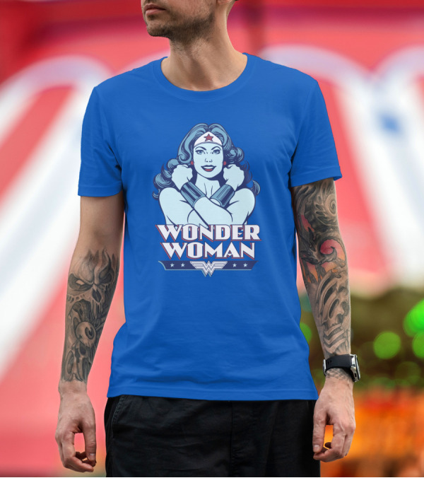 Premium T-Shirt: WONDER WOMAN Retro Blue Crossover Illustration with Star Headband and Arm Bracelets T-Shirt WONDER WOMAN Retro Blue Crossover Illustration with Star Headband and Arm Bracelets T-Shirt