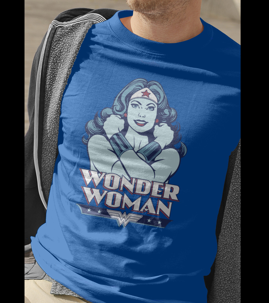 WONDER WOMAN Retro Blue Crossover Illustration With Star Headband And Arm Bracelets T-Shirt