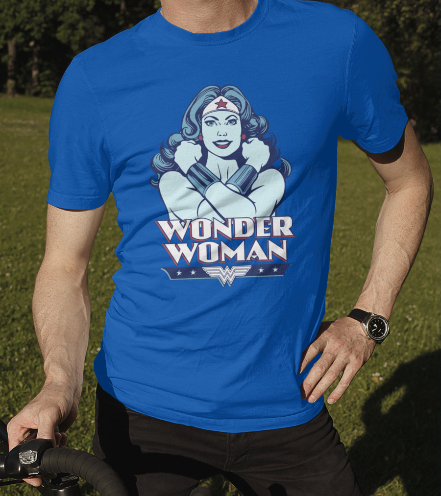 WONDER WOMAN Retro Blue Crossover Illustration With Star Headband And Arm Bracelets T-Shirt