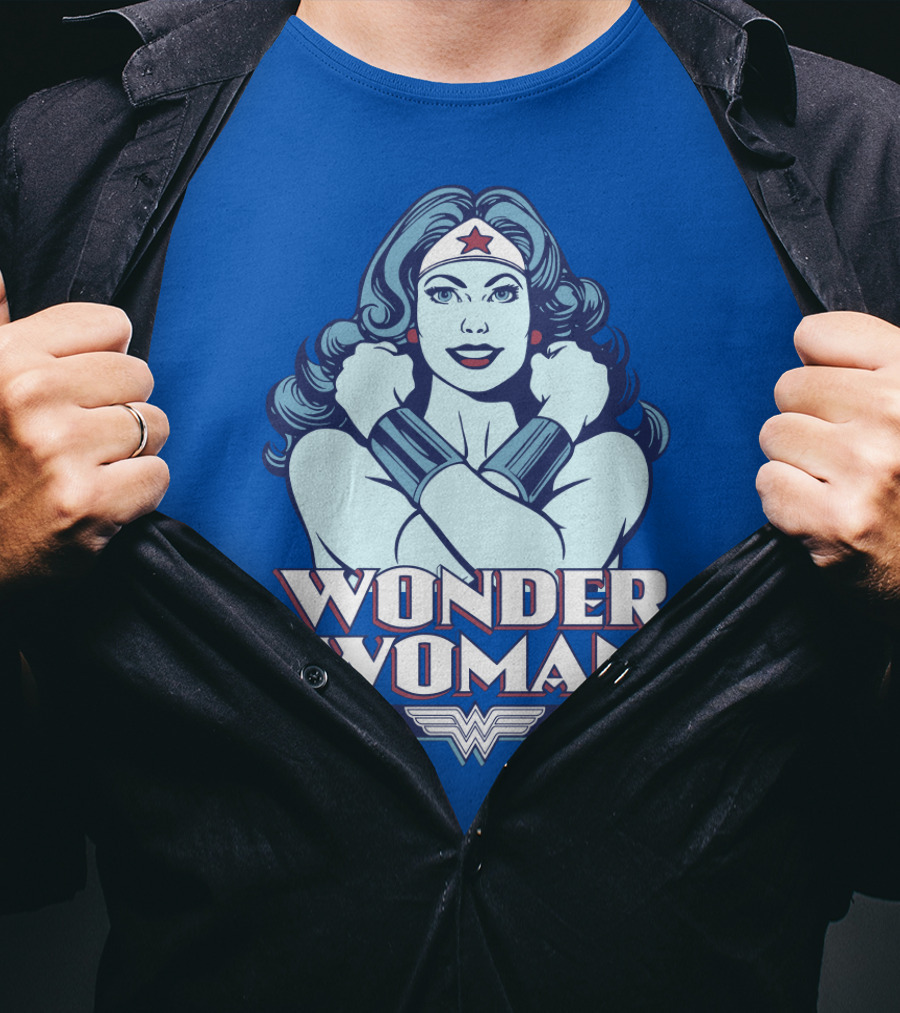WONDER WOMAN Retro Blue Crossover Illustration With Star Headband And Arm Bracelets T-Shirt