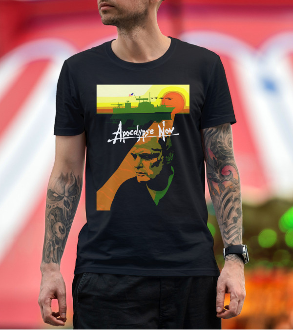 Premium T-Shirt: Apocalypse Now Vintage Movie Poster Art with Helicopters and Sun Background T-Shirt Apocalypse Now Vintage Movie Poster Art with Helicopters and Sun Background T-Shirt