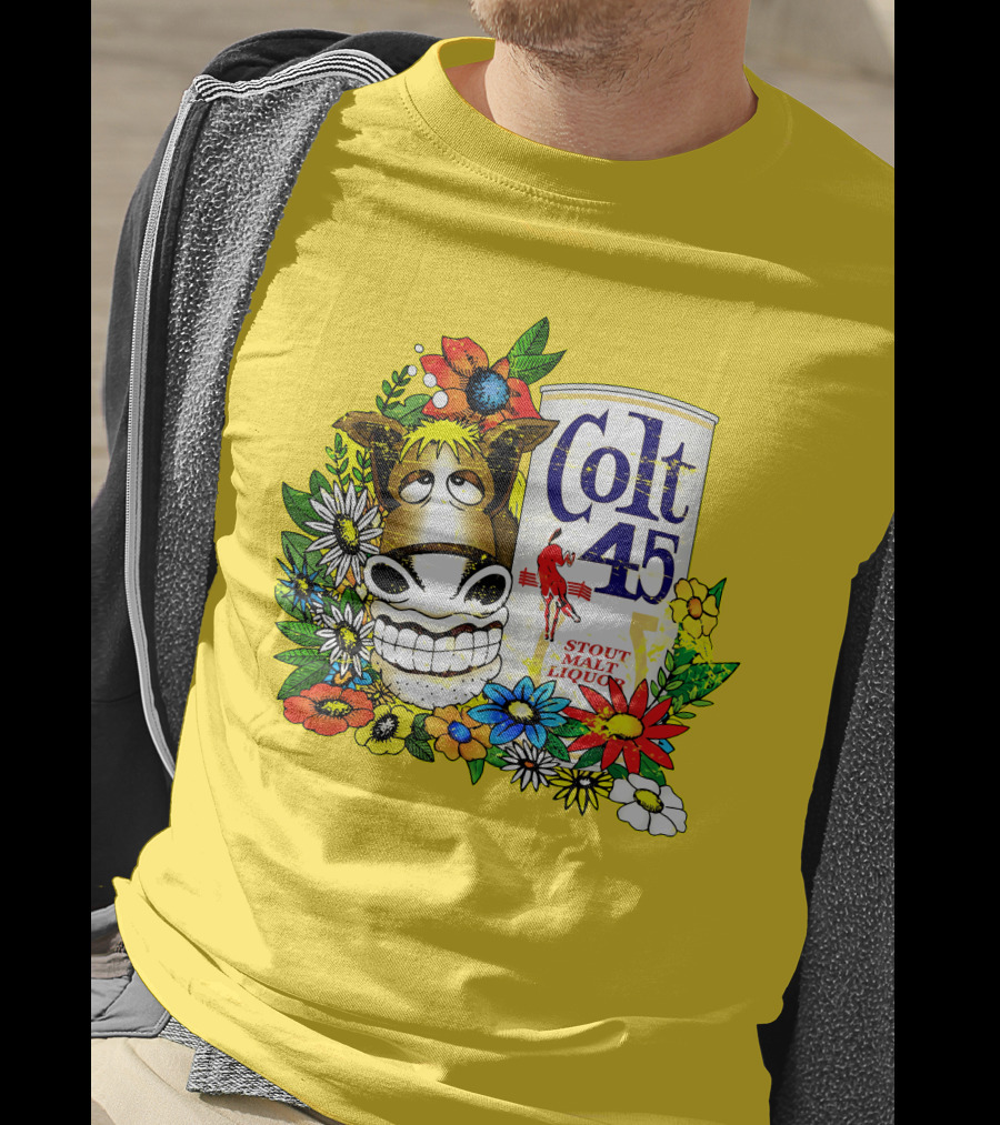 Colt 45 Malt Liquor With Cartoon Horse And Colorful Floral Background T-Shirt