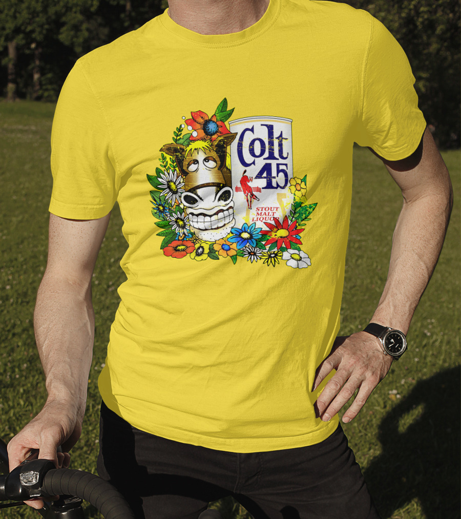 Colt 45 Malt Liquor With Cartoon Horse And Colorful Floral Background T-Shirt