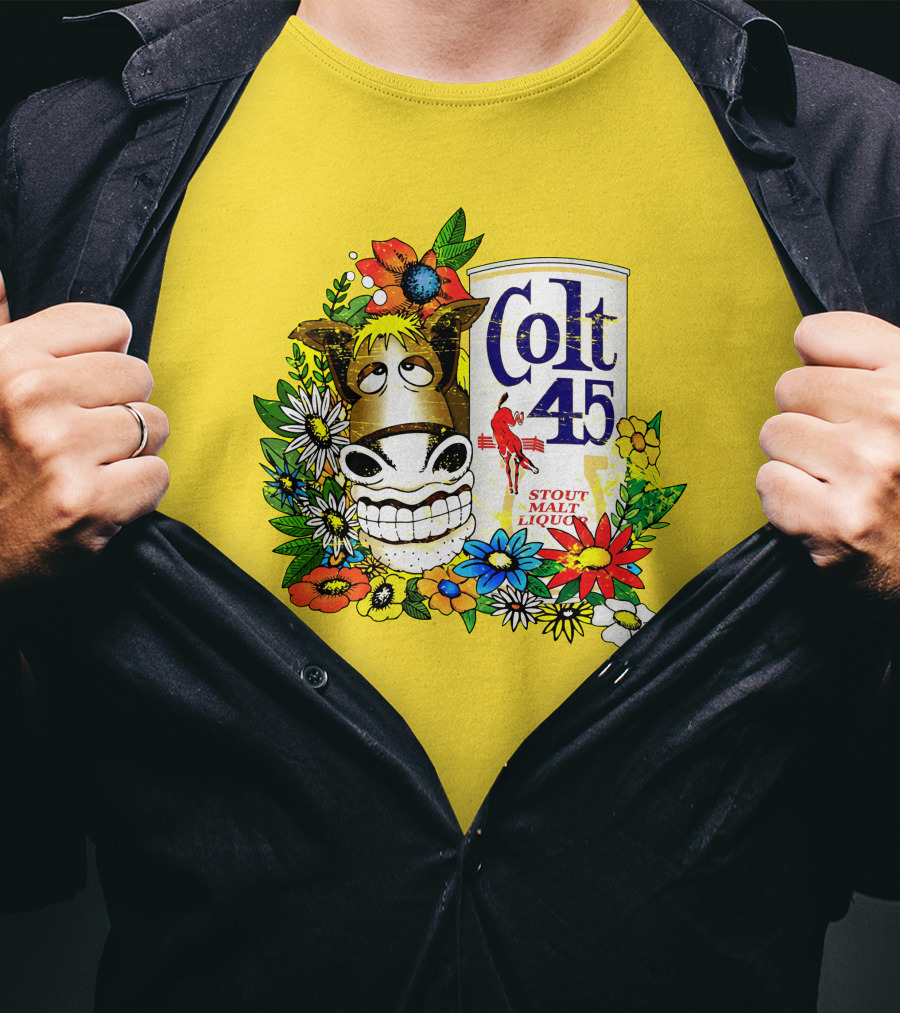 Colt 45 Malt Liquor With Cartoon Horse And Colorful Floral Background T-Shirt