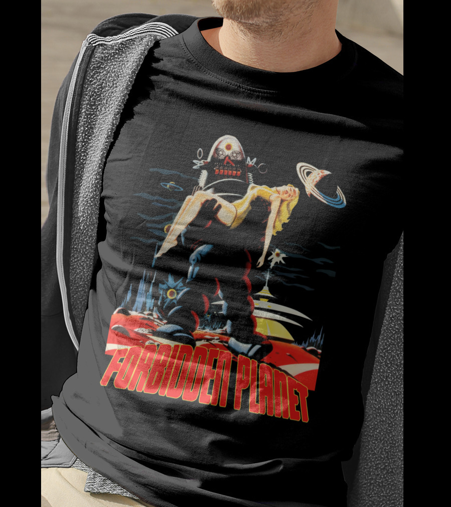 Forbidden Planet Retro Sci-Fi Art With Robot And Woman T-Shirt
