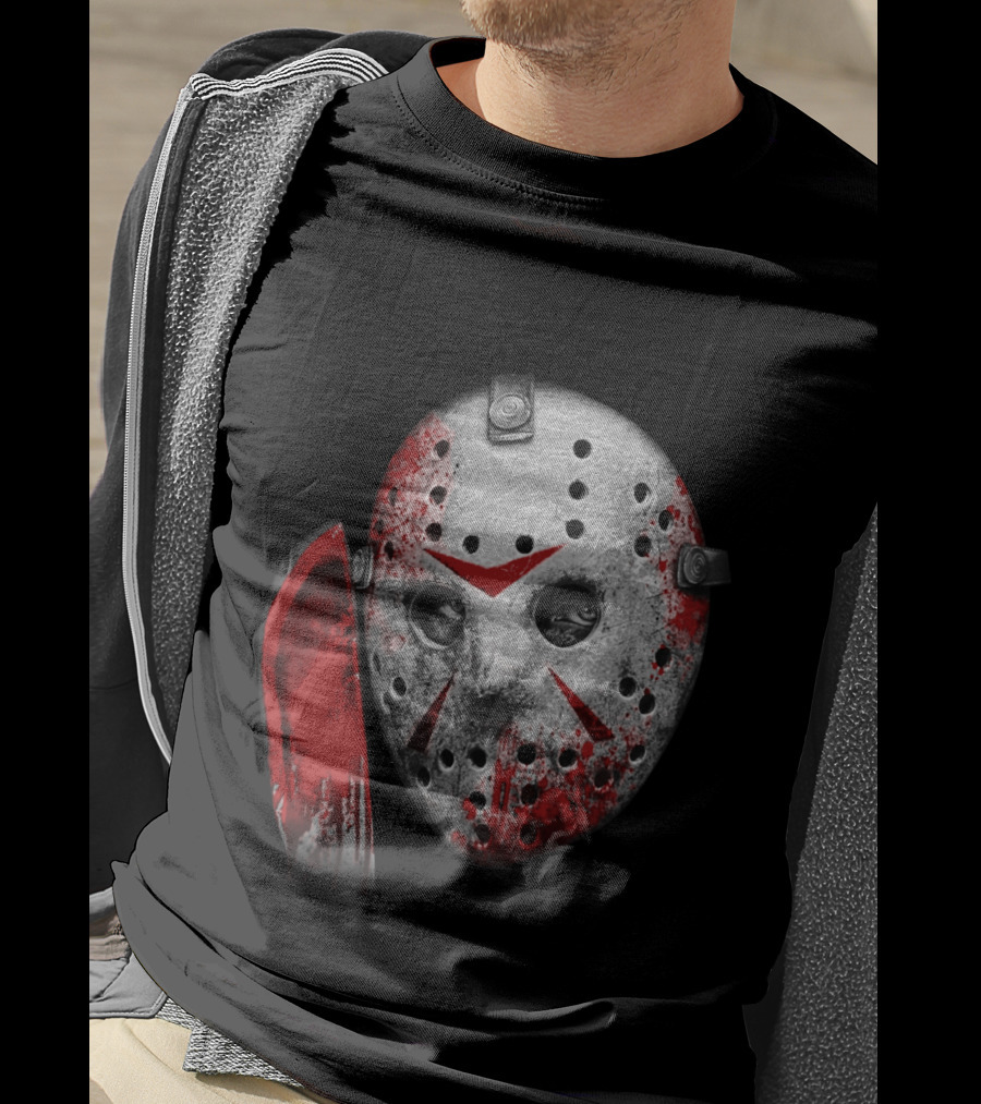 Friday The 13th Movie Jason Voorhees Mask With Bloody Machete Face T-Shirt