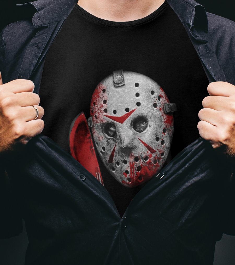 Friday The 13th Movie Jason Voorhees Mask With Bloody Machete Face T-Shirt