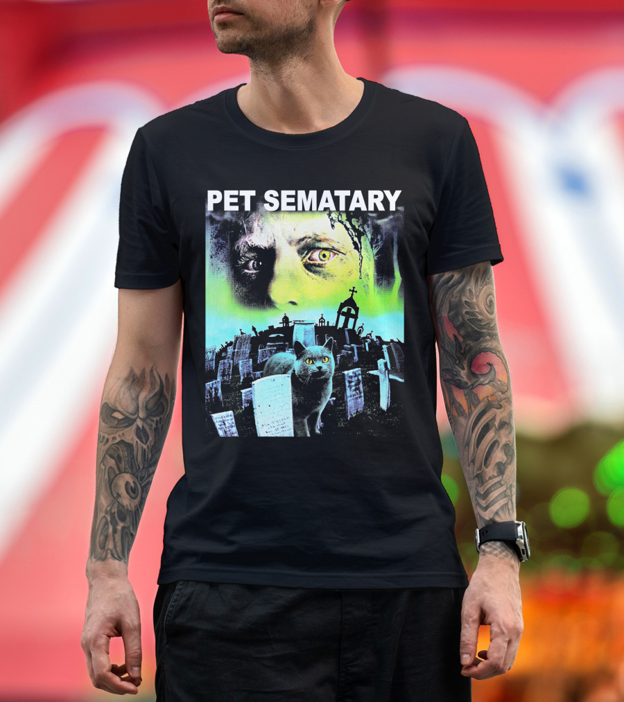 PET SEMATARY 1989 Horror Poster with Glowing Eyes and Cemetery Cat T-Shirt