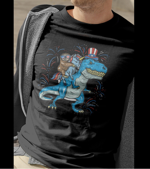Sloth Unicorn Rex Dino Patriotic Fireworks 4th Of July T-Shirt
