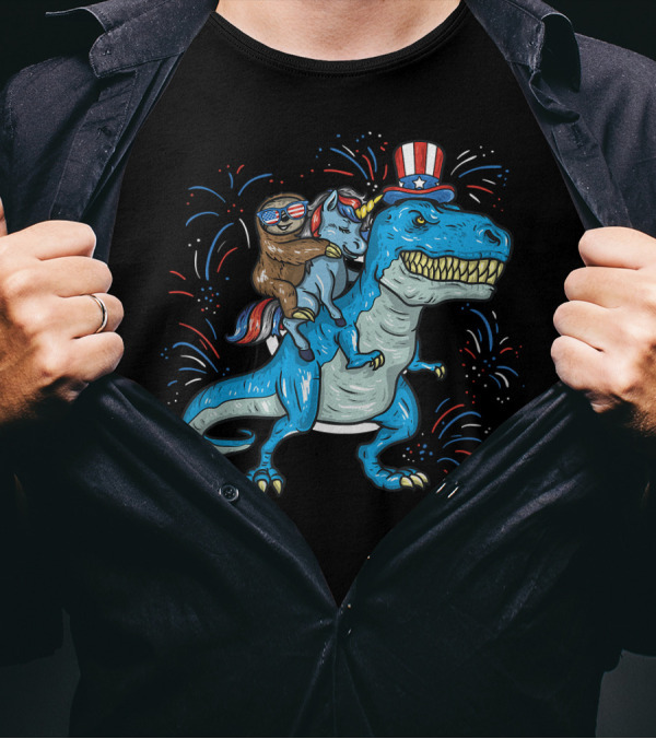 Sloth Unicorn Rex Dino Patriotic Fireworks 4th Of July T-Shirt