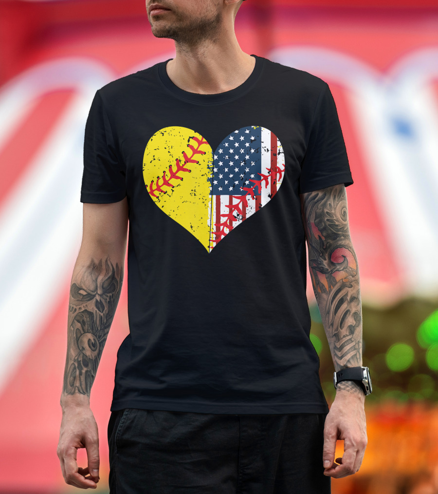 Softball Heart American Flag USA Patriotic 4th Of July T-Shirt