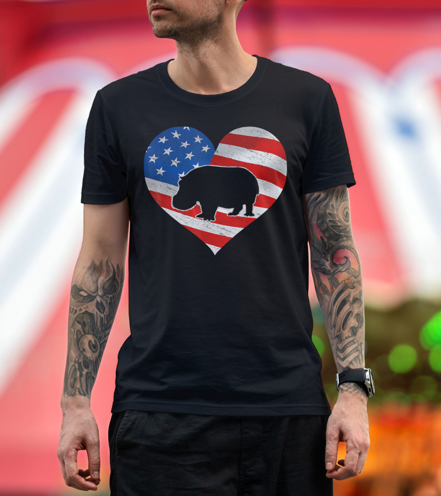 American Flag Heart with Hippo Silhouette 4th of July Print T-Shirt