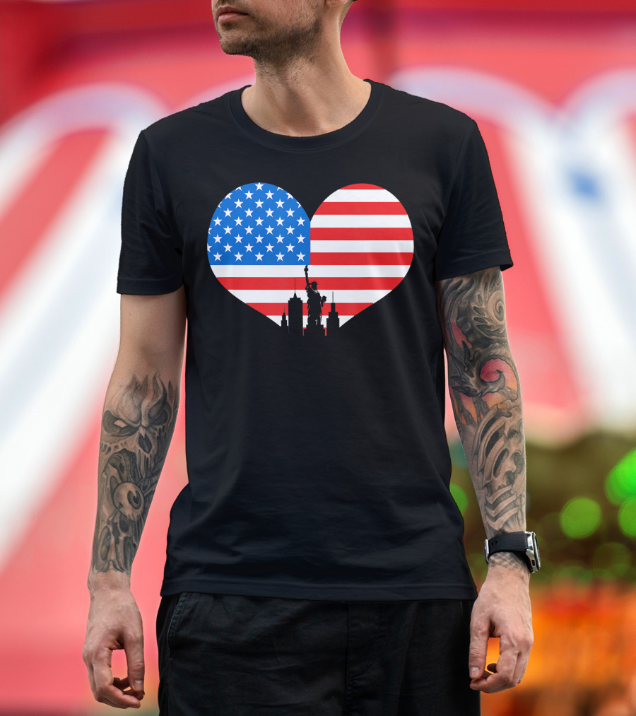 Heart Shaped American Flag With Statue of Liberty Skyline 4th of July Independence Day T-Shirt