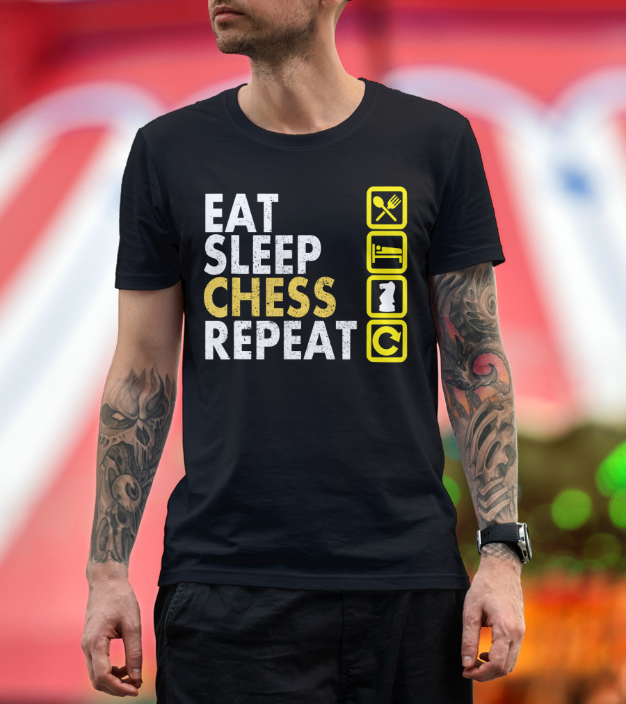 Eat Sleep Chess Repeat Board Game Icons with Spoon Fork Bed Knight Cycle T-Shirt